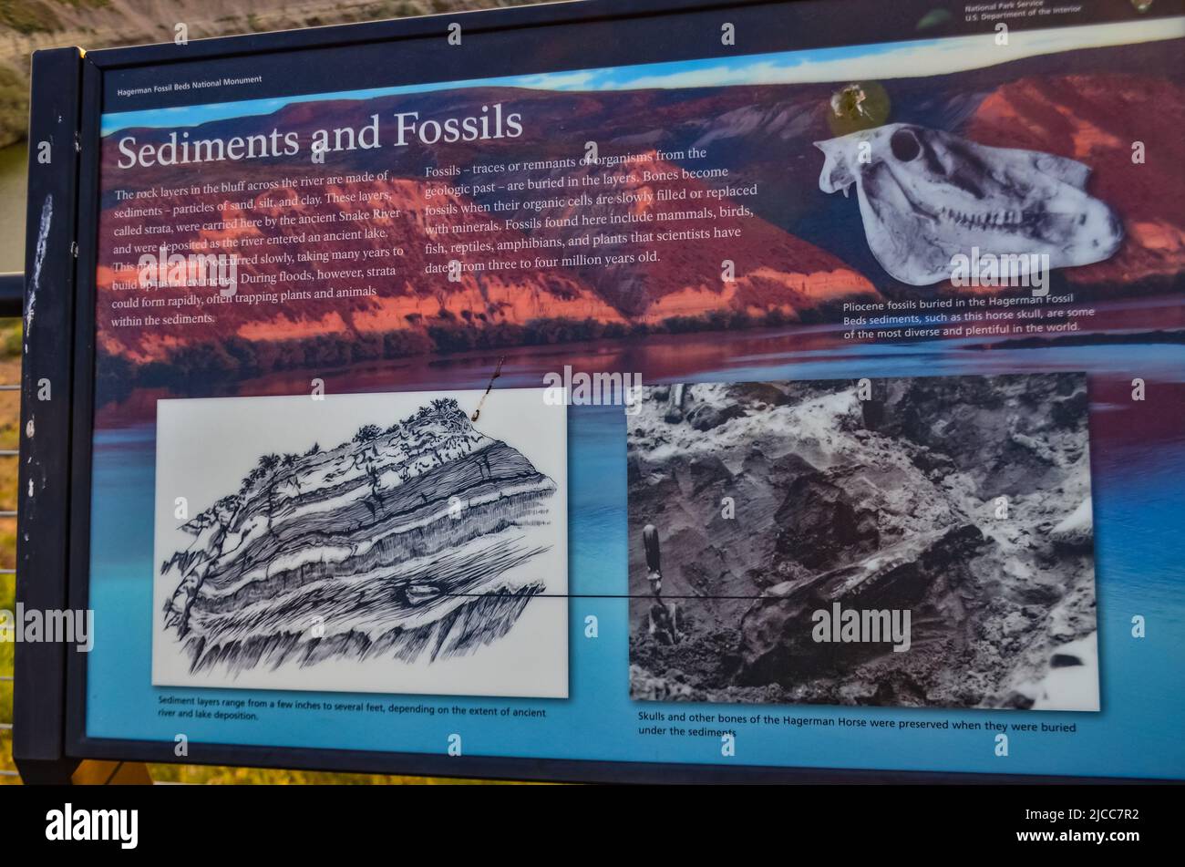 AREGON, USA MAY 02, 2018 Information sign "Sediments and Fossils