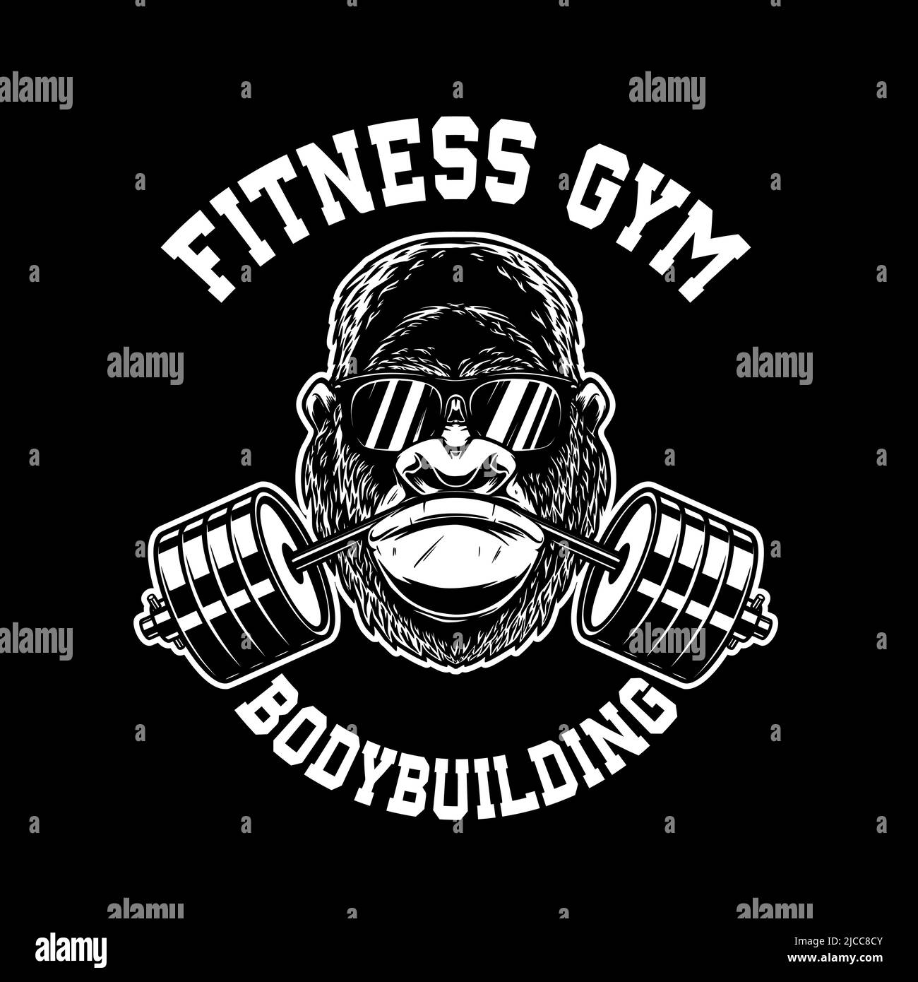 Gorilla with gym barbell in mouth. Design element for logo, emblem, sign, poster, t shirt. Vector illustration Stock Vector
