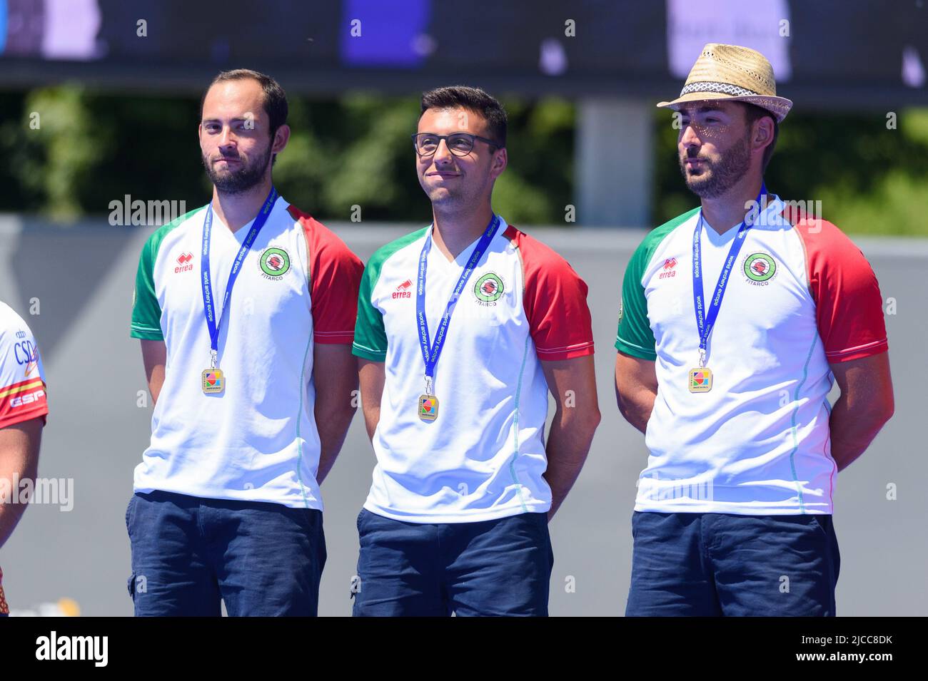 Gold medal recurve men team Italy with Federico Musolesi, &#xA;Mauro Nespoli and Alessandro Paoli during the victory ceremony during the European Archery Championships 2022 during the recurve finals at Theresienwiese, Munich.  Sven Beyrich/SPP Stock Photo