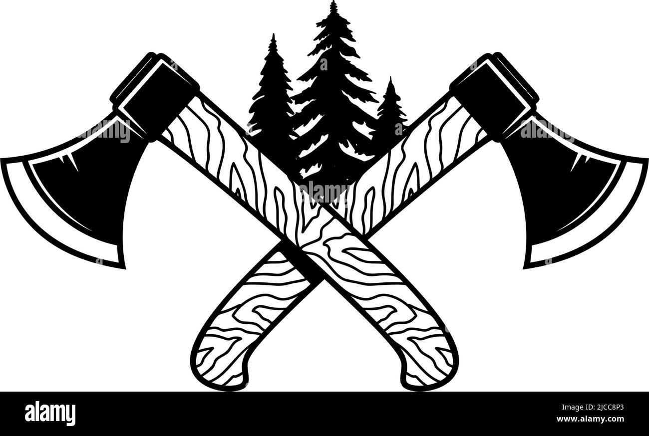 Crossed lumberjack axes with wood cut. Design element for logo, emblem