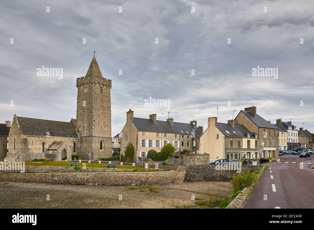 Image of part of the village of Port Bail, Normandy France with the lower church and part of the bridge. Stock Photo