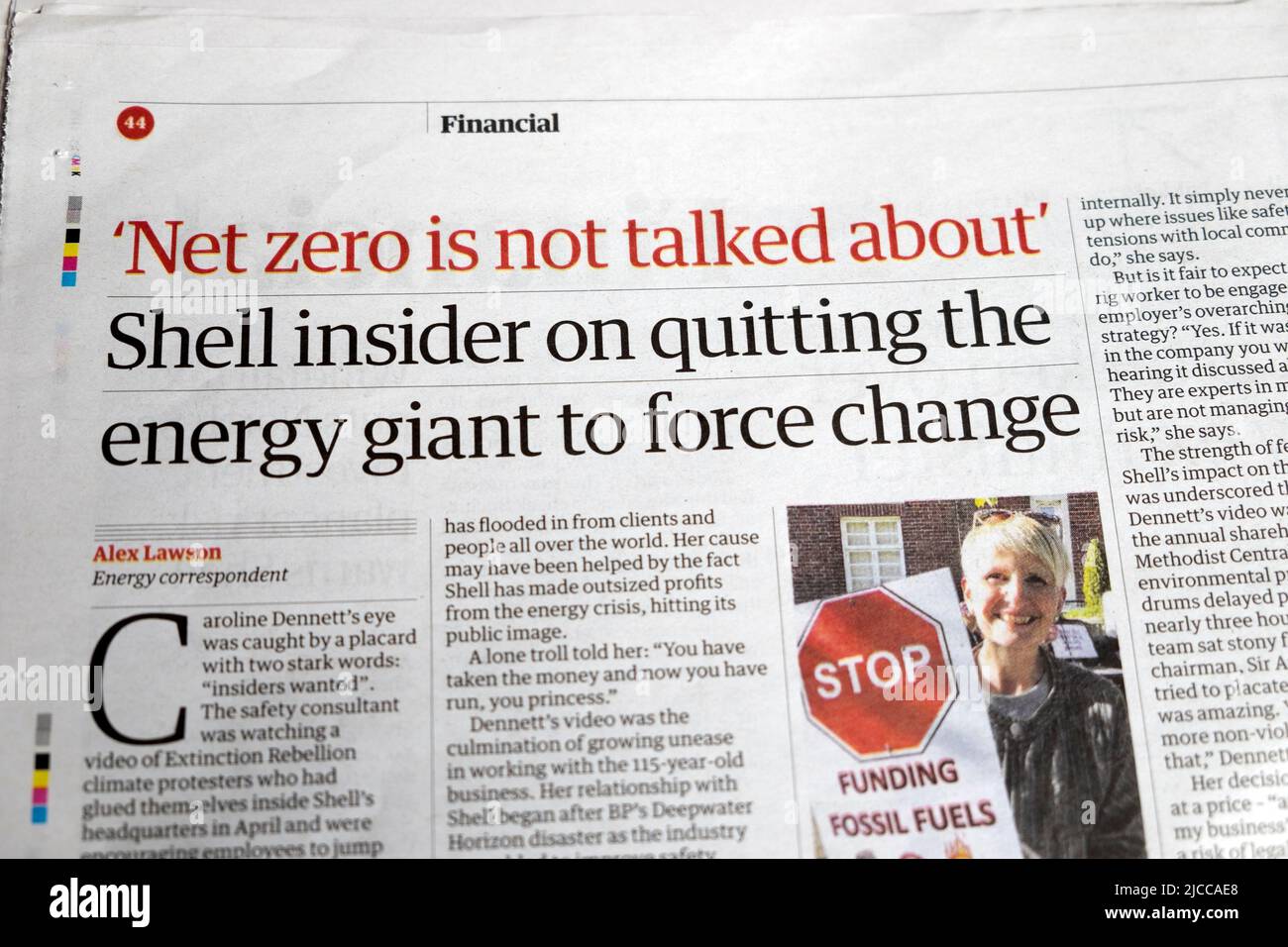 'Net zero is not talked about' 'Shell insider on quitting the energy giant to force change' Guardian financial newspaper headline 25 May 2022 UK Stock Photo