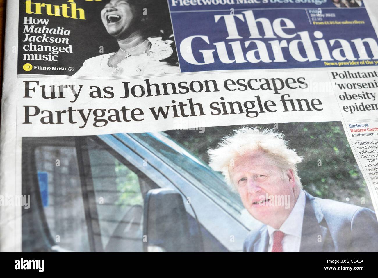 'Fury as Johnson escapes Partygate with single fine' Guardian newspaper headline Boris Johnson front page 20 May 2022 London England UK Great Britain Stock Photo