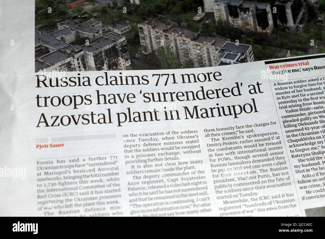 'Russia claims 771 more troops have 'surrendered' at Azovstal plant in Mariupol' Guardian newspaper headline Ukraine war article 19 May 2022 London UK Stock Photo