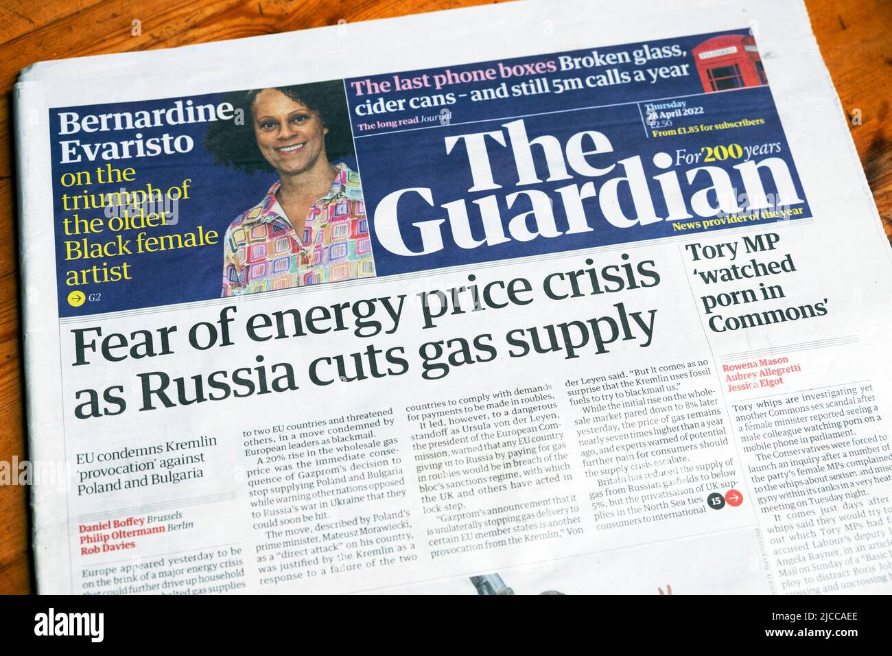 'Fear of energy price crisis as Russia cuts gas supply' Guardian newspaper front page headline on 28 April 2022 London UK Stock Photo