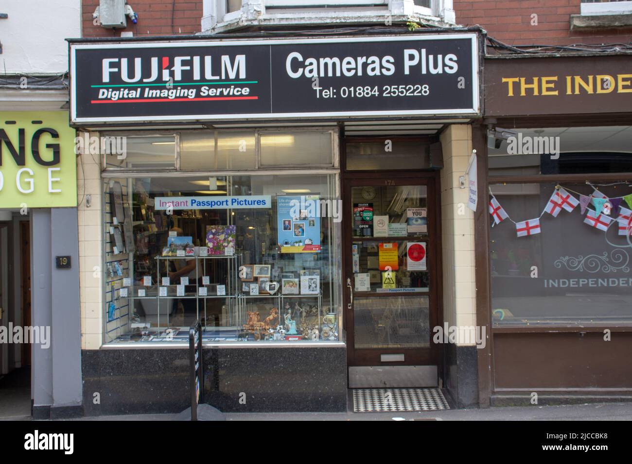 TIVERTON, UK - JUNE 30, 2021 Cameras Plus photography shop on Gold Street Stock Photo