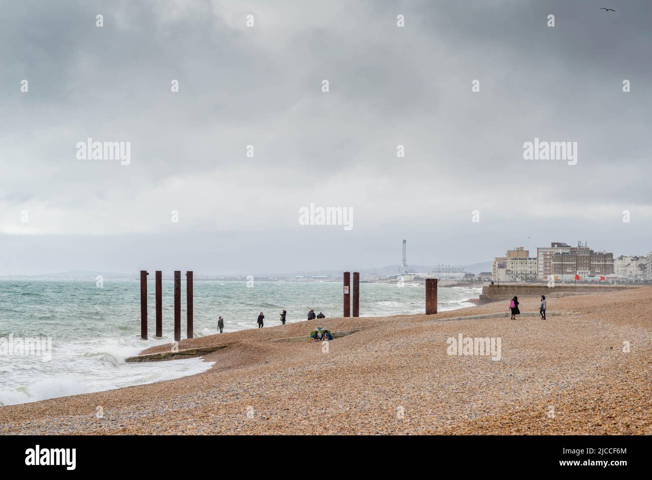 Brighton seafront looking West towards Hove on a cloudy day, Brighton and Hove, East Sussex, England, UK Stock Photo