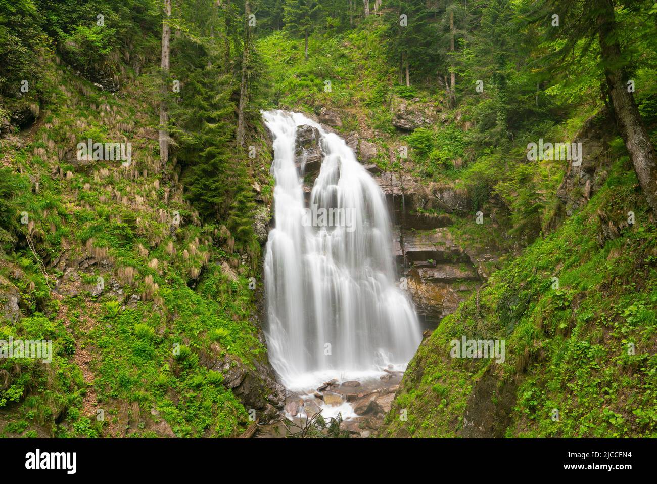 waterfall in Mendelikha Waterfall park, Rosa Khutor, Russia Stock Photo