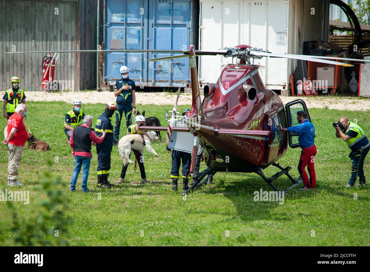 06 June 2020 Valdagno, Italy: Italian civil protection rescue dogs take to the skies for helicopter training Stock Photo