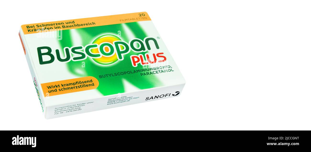 Buscopan Plus Tabletten auf weissem Hintergrund Stock Photo