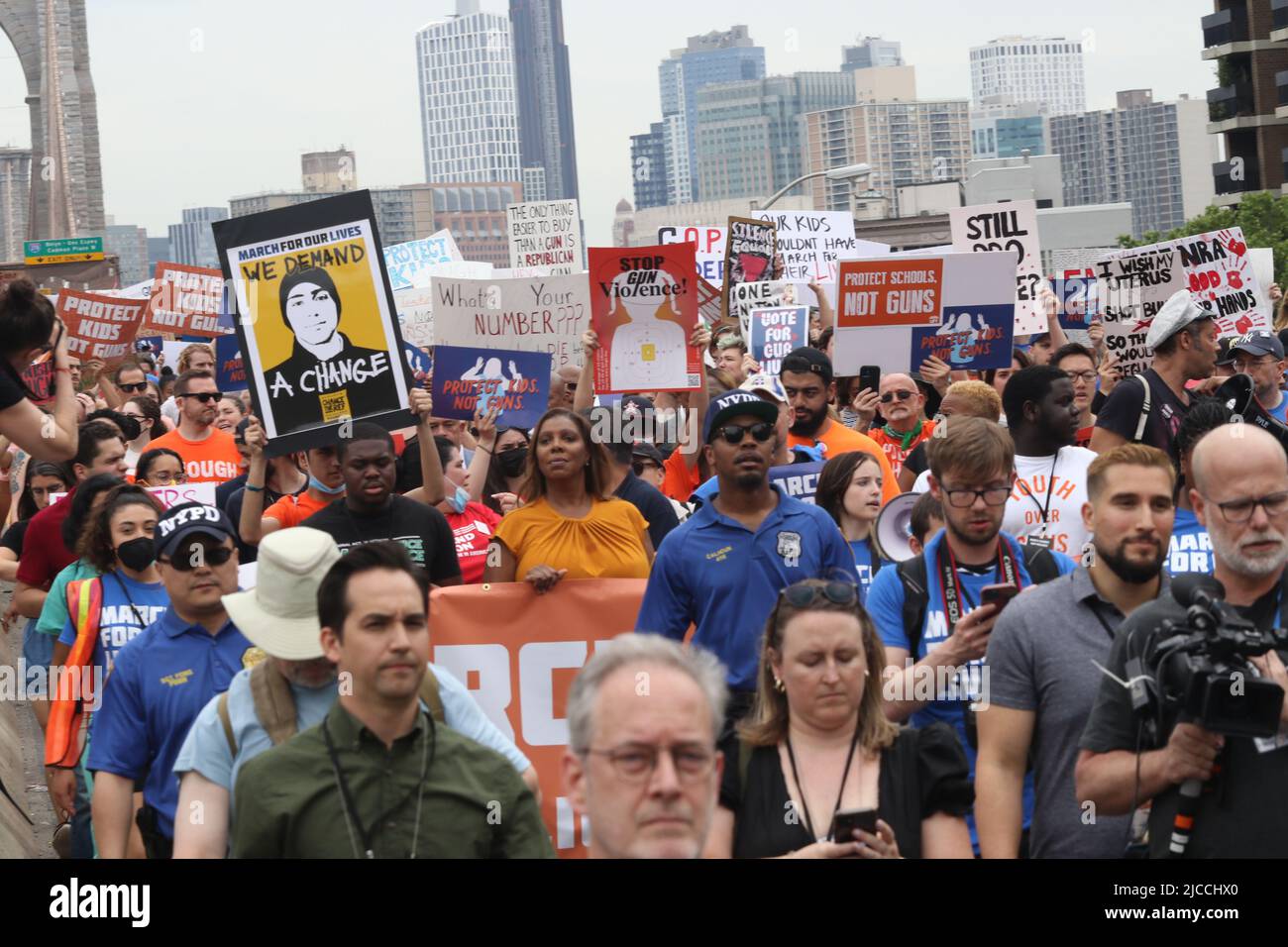 March for Our Lives 2022, New York, NY USA. The attorney general of New York Letitia James marching over the Brooklyn Bridge. Stock Photo