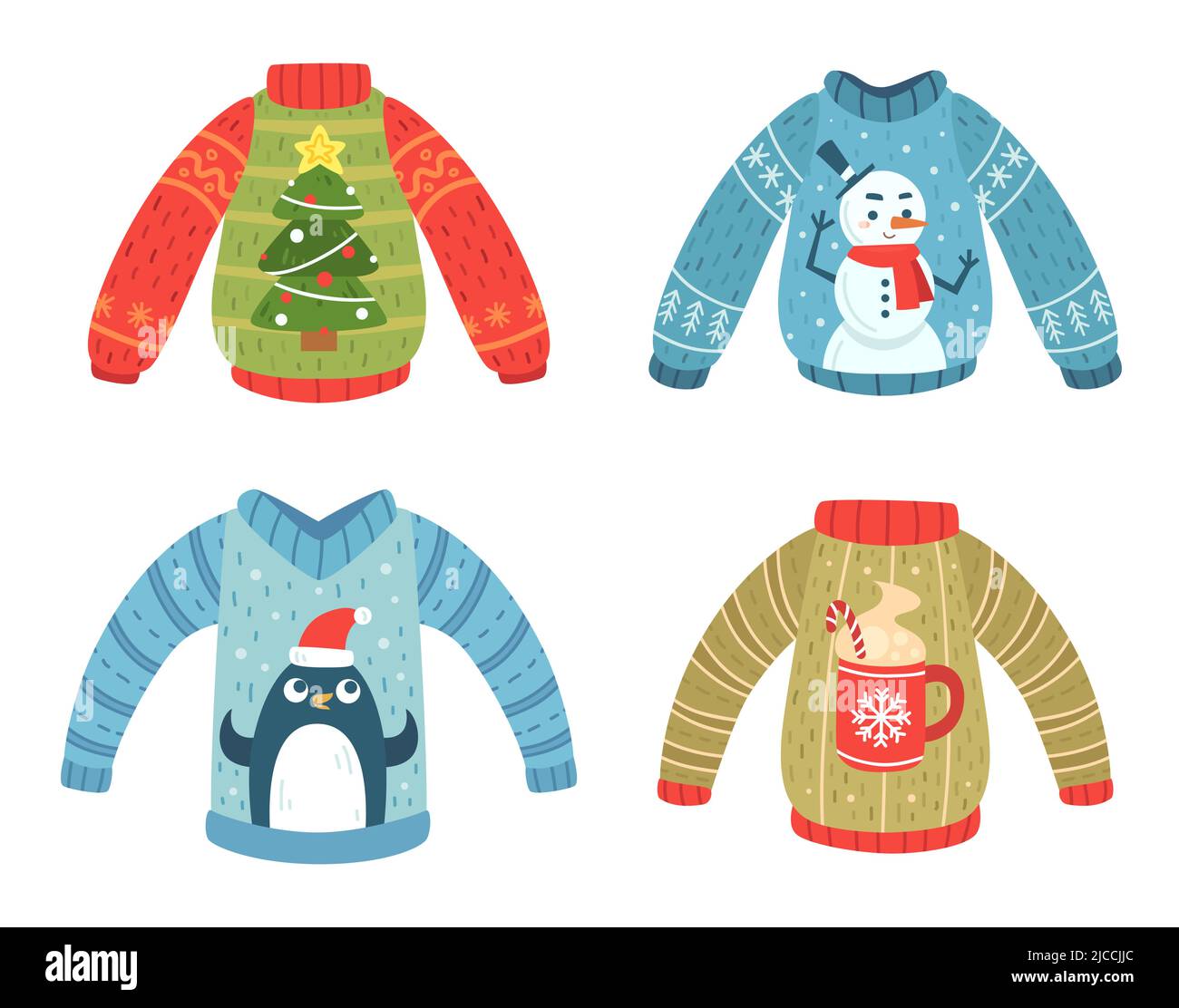 Cartoon christmas party jumpers for winter holiday celebration. Knitted cute sweaters with fir tree, snowman, penguin Stock Vector