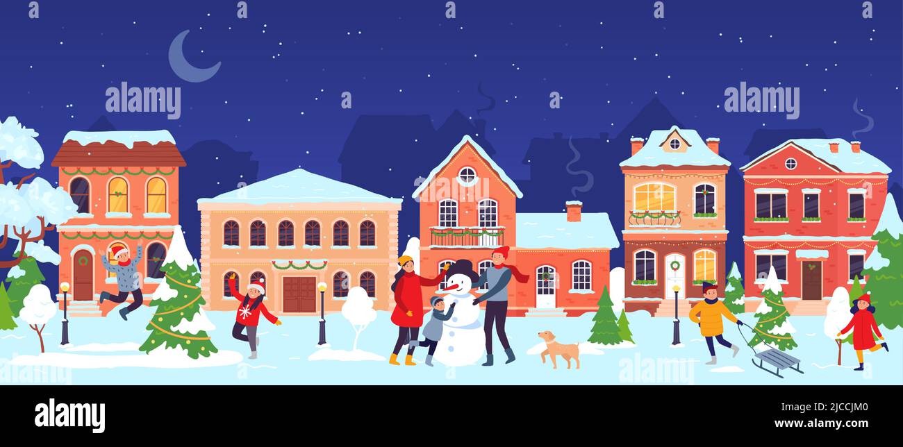 Christmas town. Old city street with people celebrating christmas and new year winter holidays. Cartoon children and family Stock Vector