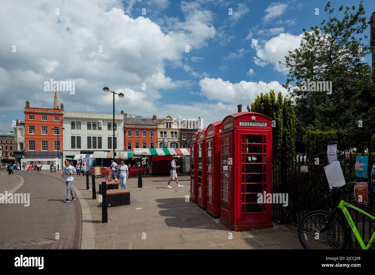 Red telephone boxes in Cambridge city centre, England. Stock Photo