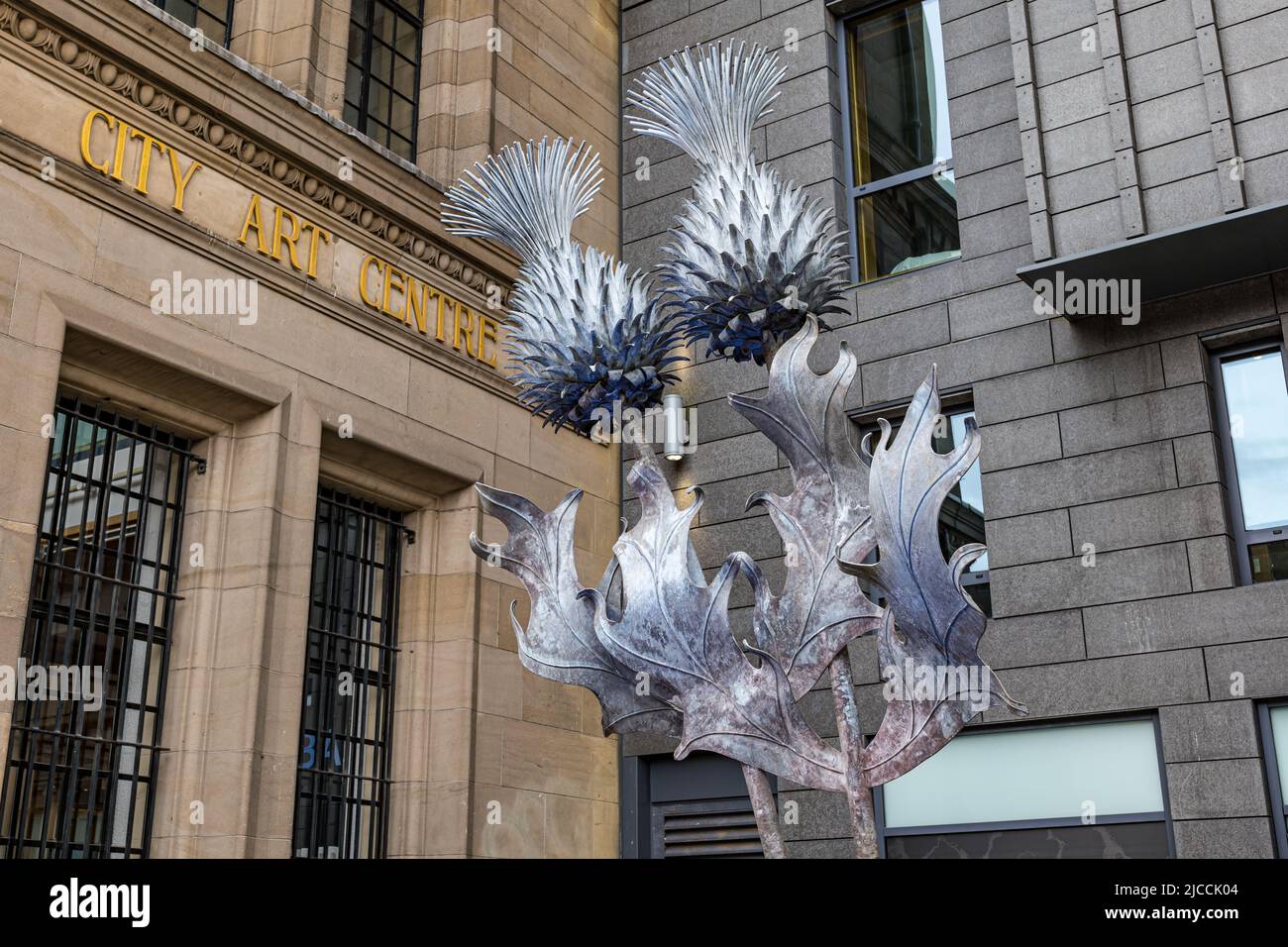 Metal sculpture of symbolic Scottish thistles outside City Art Centre, Edinburgh, Scotland, UK Stock Photo