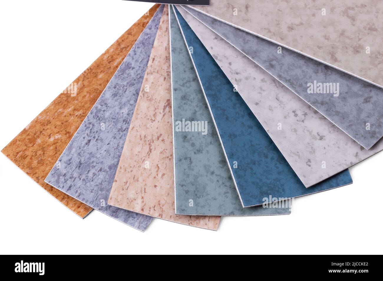 Opened layout with various flooring samples isolated on white Stock Photo
