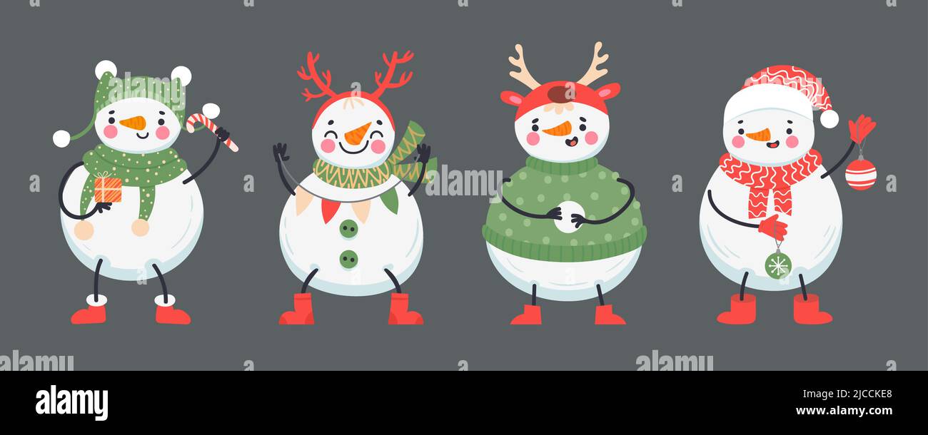 Cute christmas snowmen in winter clothes holding holiday attributes. Characters with cheerful expressions Stock Vector