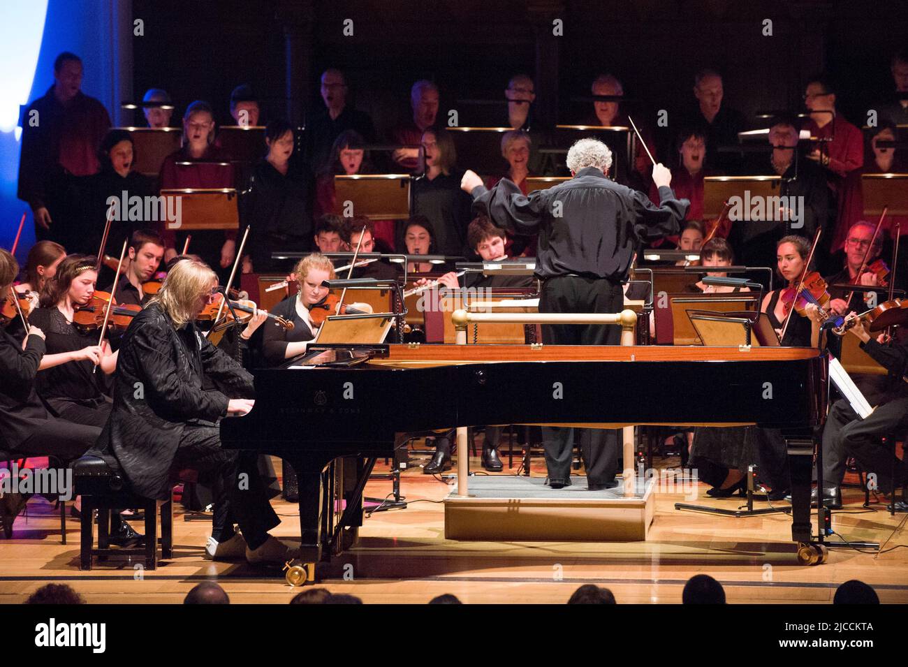 Rick Wakeman, in concert as part Chelsea Arts Festival at the Cadogan Hall. Rick is accompanied  by the Orion Orchestra and the English Chamber Choir Stock Photo