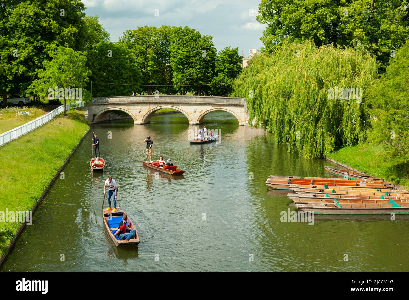 Spring afternoon on river Cam in Cambridge, England. Trinity Bridge in the distance. Stock Photo