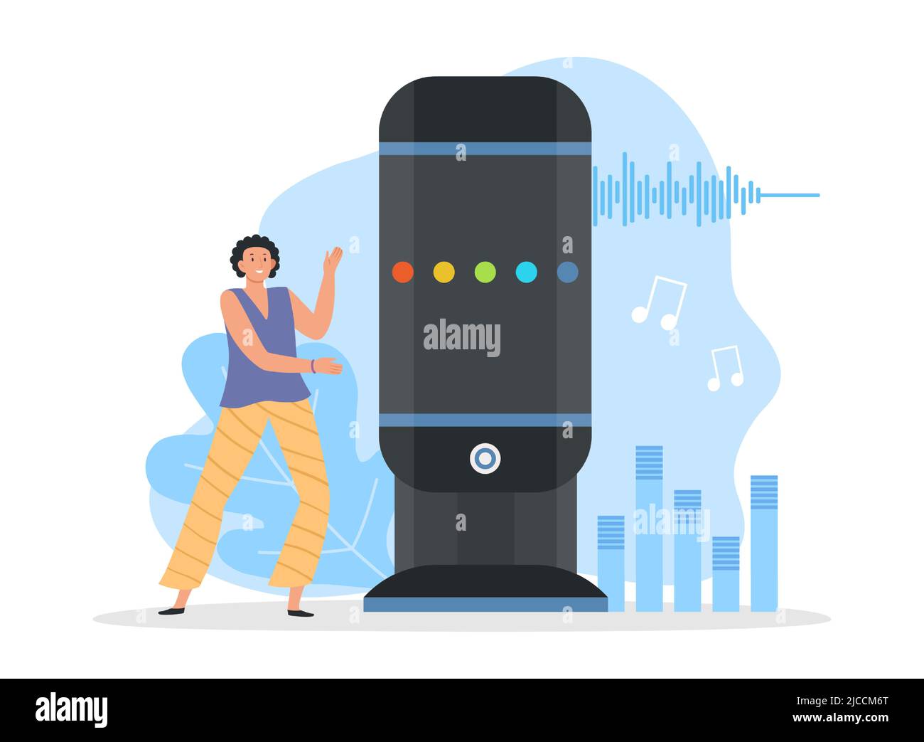 Interactive smart speaker. Little woman standing near voice command assistant playing music. Device with speech recognition Stock Vector