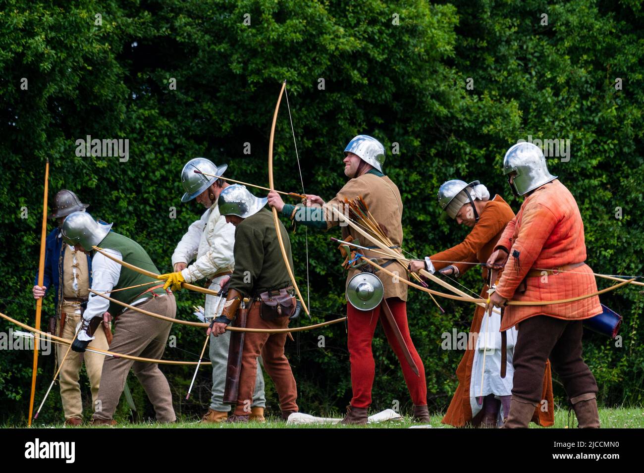 London, UK. 12 June 2022. Re-enactors as archers take part in a battle ...