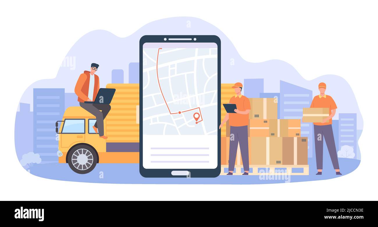Online delivery service. Smartphone with gps navigation and tracking service for shipping company. Courier holding parcel Stock Vector