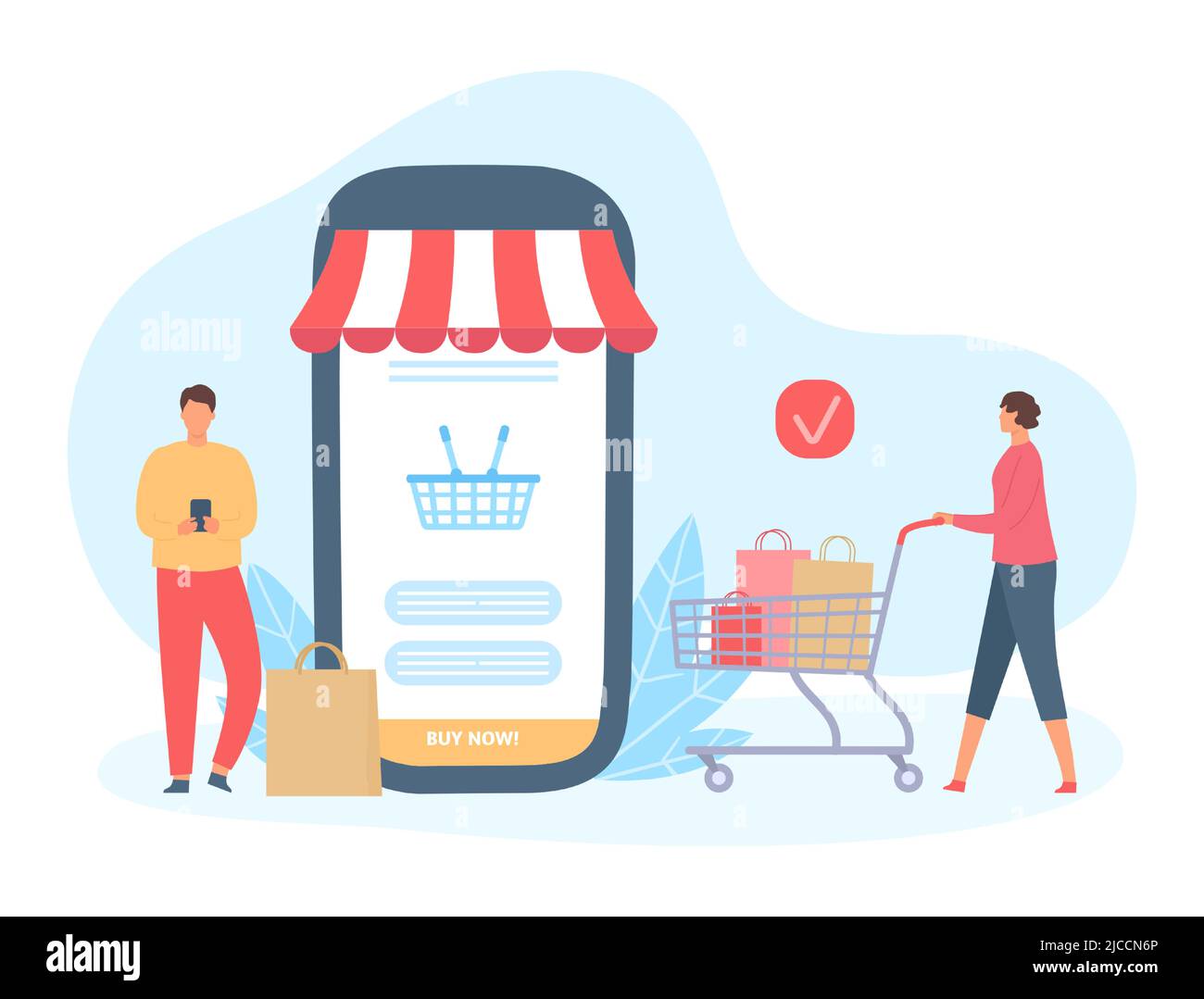 Online shopping. People buying goods using smartphone. Device screen with basket for purchases. Woman with bags Stock Vector