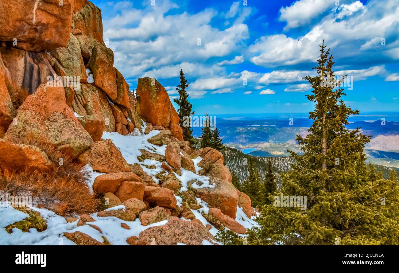 Panorama of winter mountains, snow-covered slopes of Pikes Peak ...