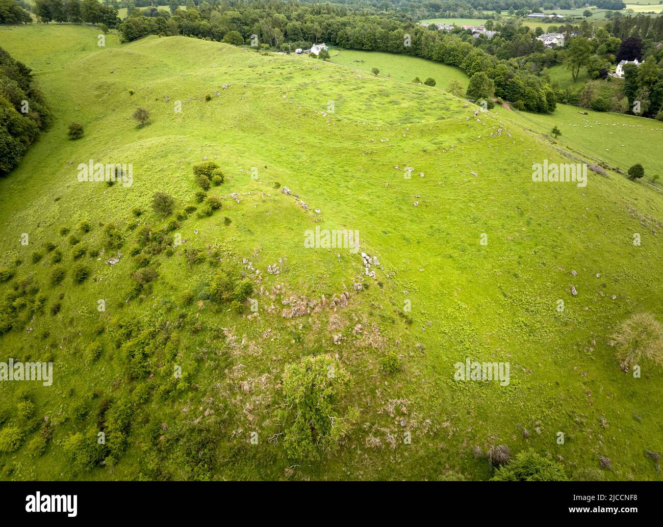 Aerial shot of Castle Hill, Ancrum. A Dark Age fort by the River Ale in the Scottish Borders. Stock Photo