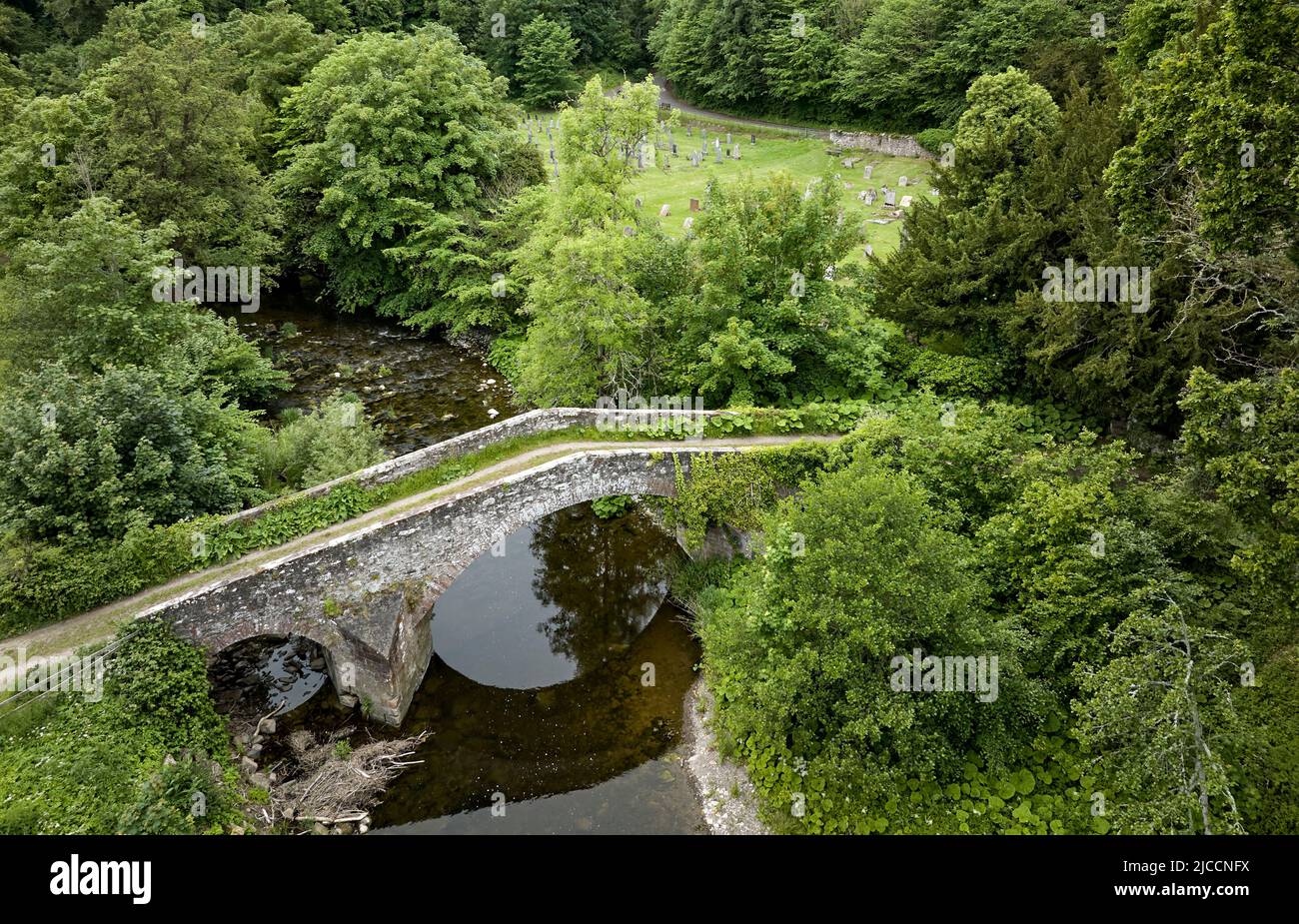 Aerial shot of  the Bridge Over the Ale Water At Ancrum Old Parish Church, Ancrum. Stock Photo