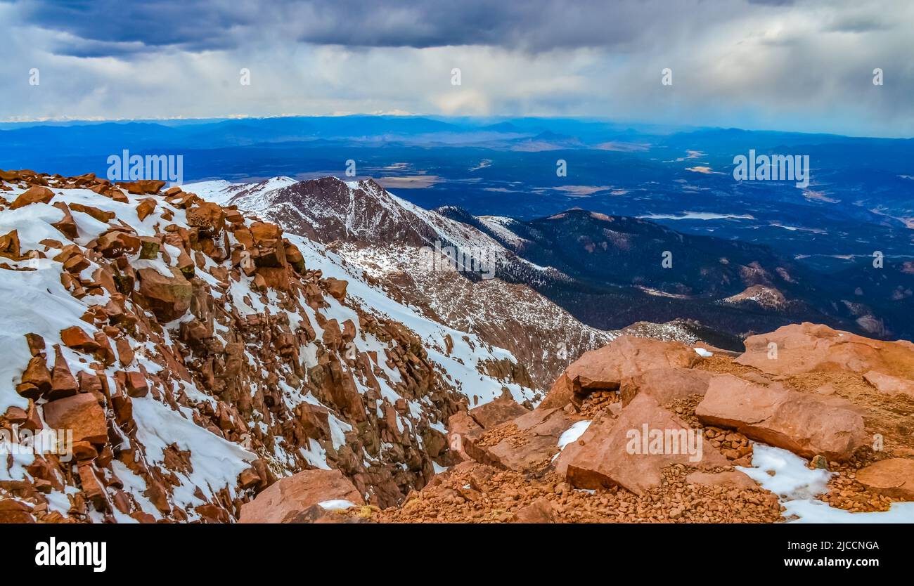 Panorama of winter mountains, snow-covered slopes of Pikes Peak ...