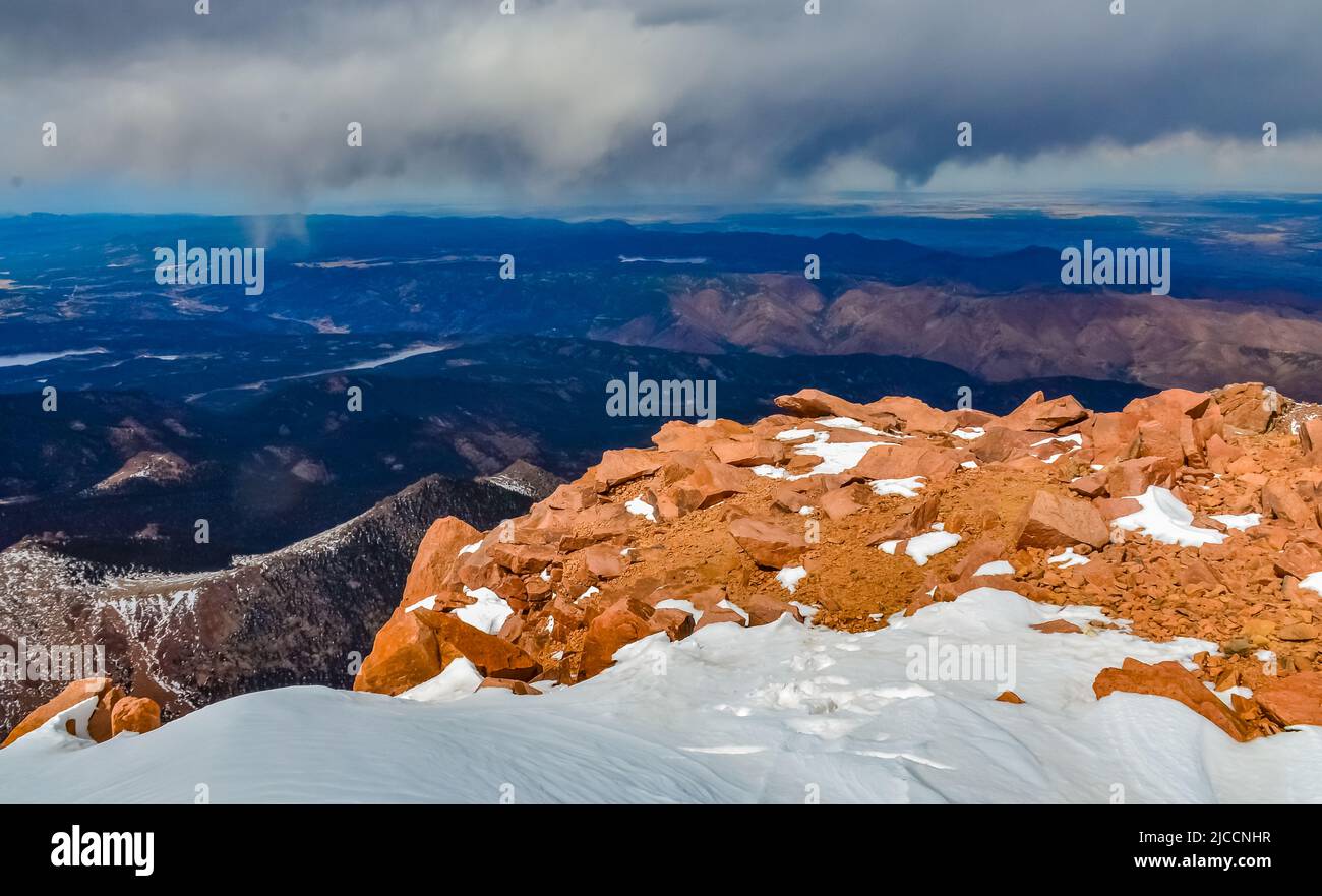 Panorama of winter mountains, snow-covered slopes of Pikes Peak ...