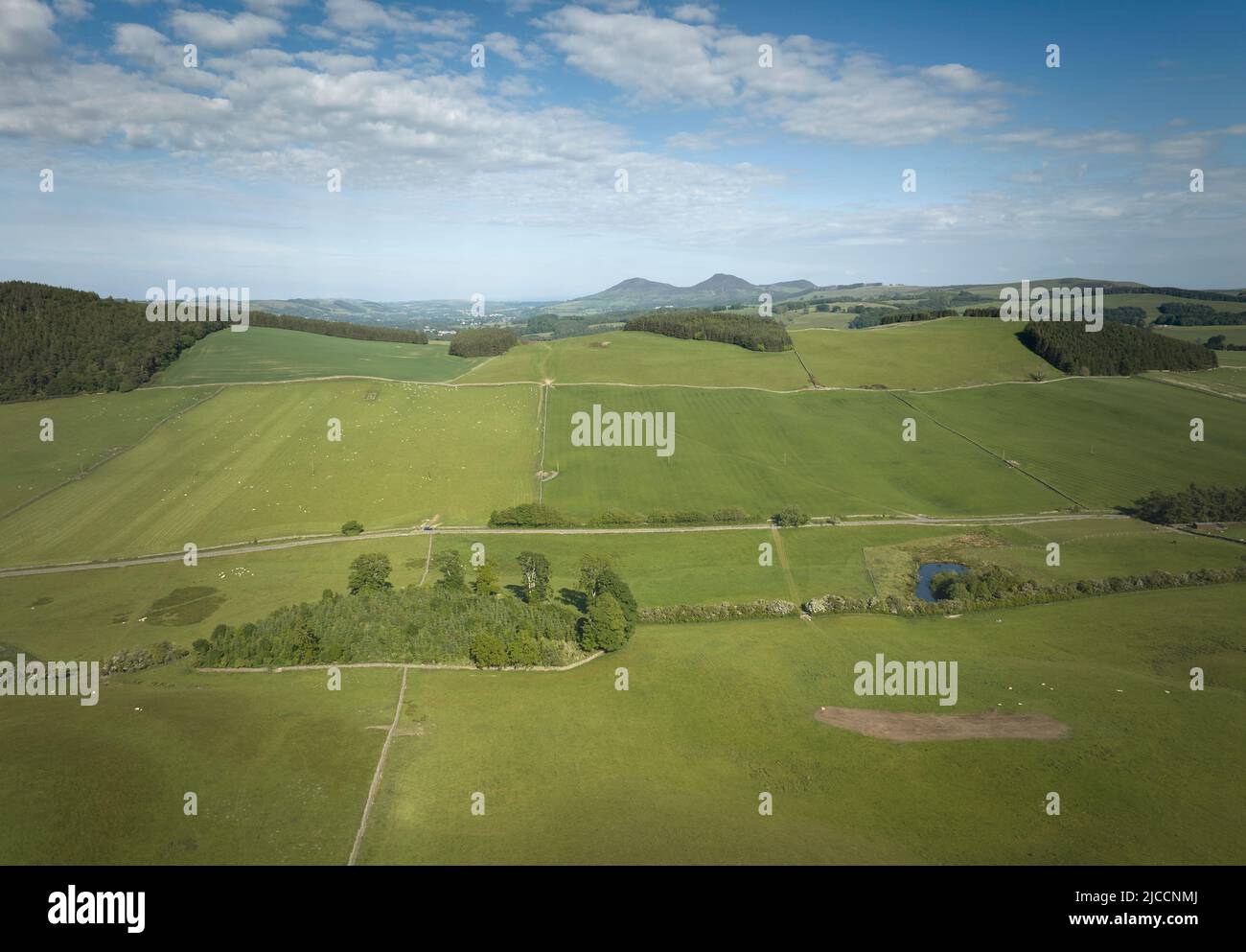 Aerial shot of agricultural land around Galashiels in the Scottish Borders. Stock Photo