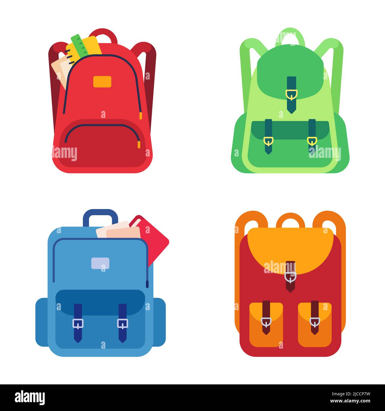 School bags, childish backpacks with stationery and notebooks. Kids colorful rucksacks with different supplies Stock Vector