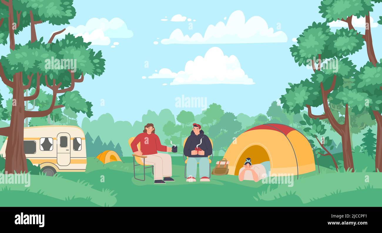 Scout kids. Female and male tourists sitting on chairs in nature and drinking tea. Woman lying in tent Stock Vector