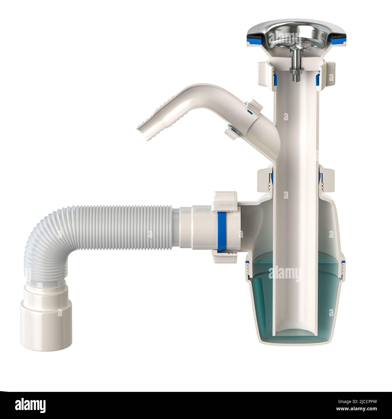 Cross section of siphon with bottle trap and pvc plastic pipes for sinks isolated on white. 3d illustration Stock Photo