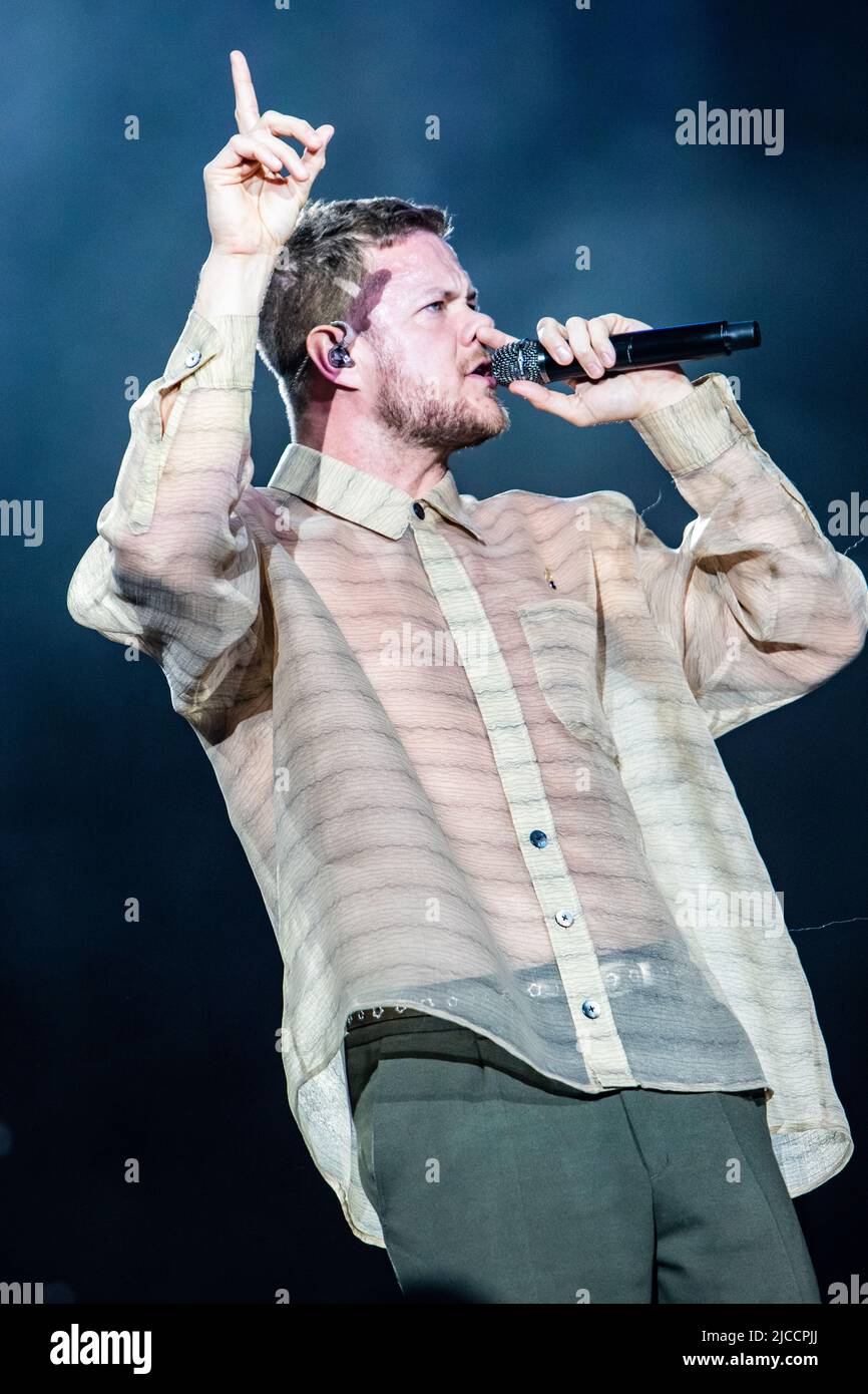Milan Italy. 11 June 2022. TheAmerican pop rock band IMAGINE DRAGONS  performs live on stage at Ippodromo SNAI La Maura during the 'I-Days Festival 2022'. Stock Photo