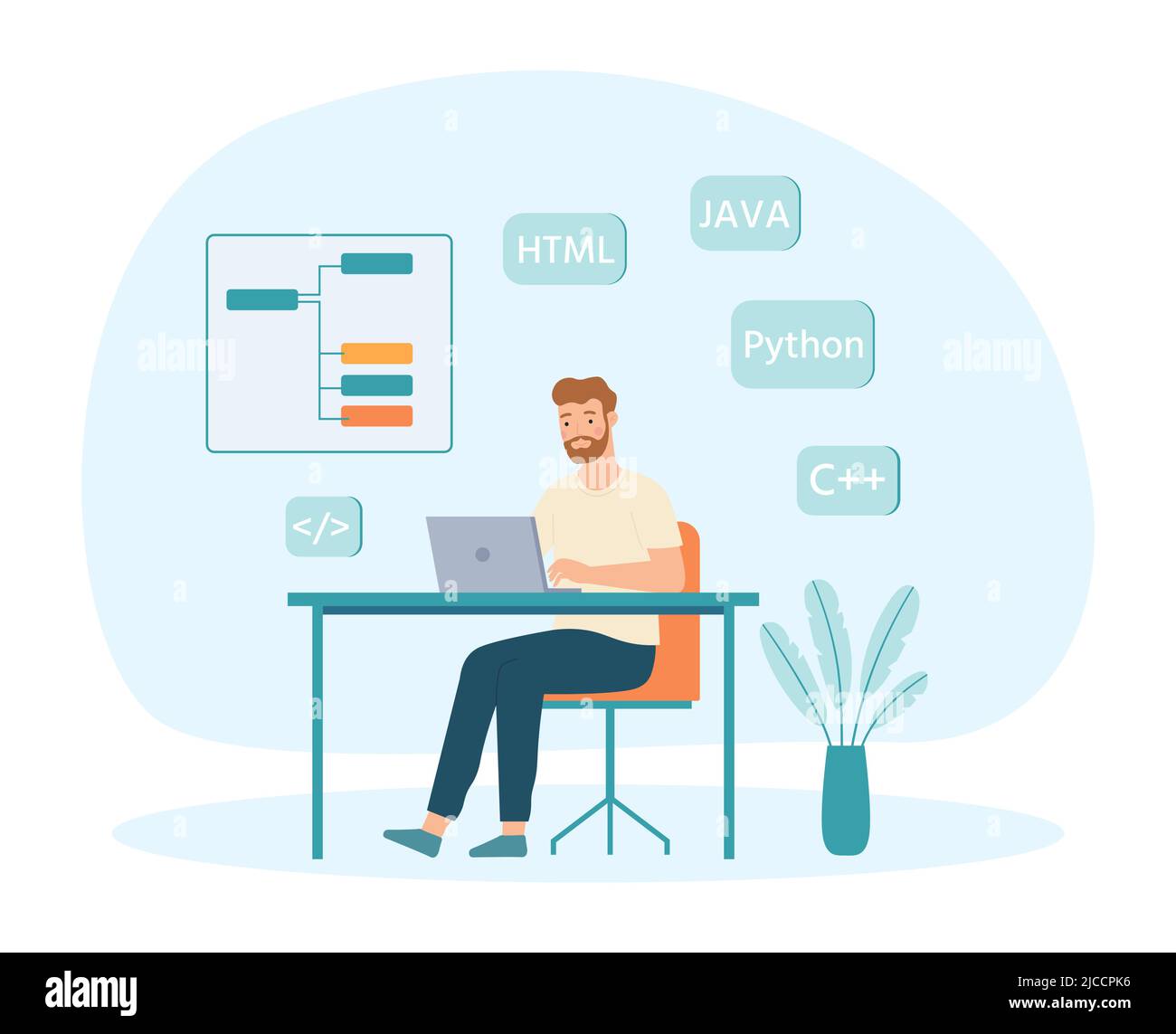 Software developers and programmers at work. Man sitting at desk with laptop. Male coder working on web development Stock Vector