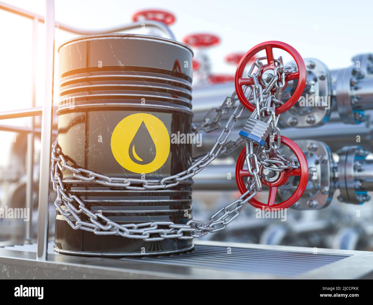 Oil crisis concept. Oil barrel and oil pipe line locked with chain. 3d illustration Stock Photo