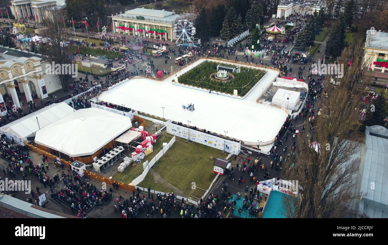 Kiev, Ukraine, January 2, 2022:-Aerial panoramic view cityscape urban