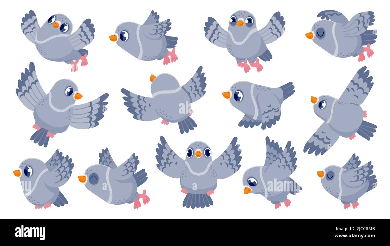 Flying pigeon. Cartoon bird character in flight, cute mascot with funny face, colorful flat dove animal clip art. Vector pigeon collection isolated on Stock Vector