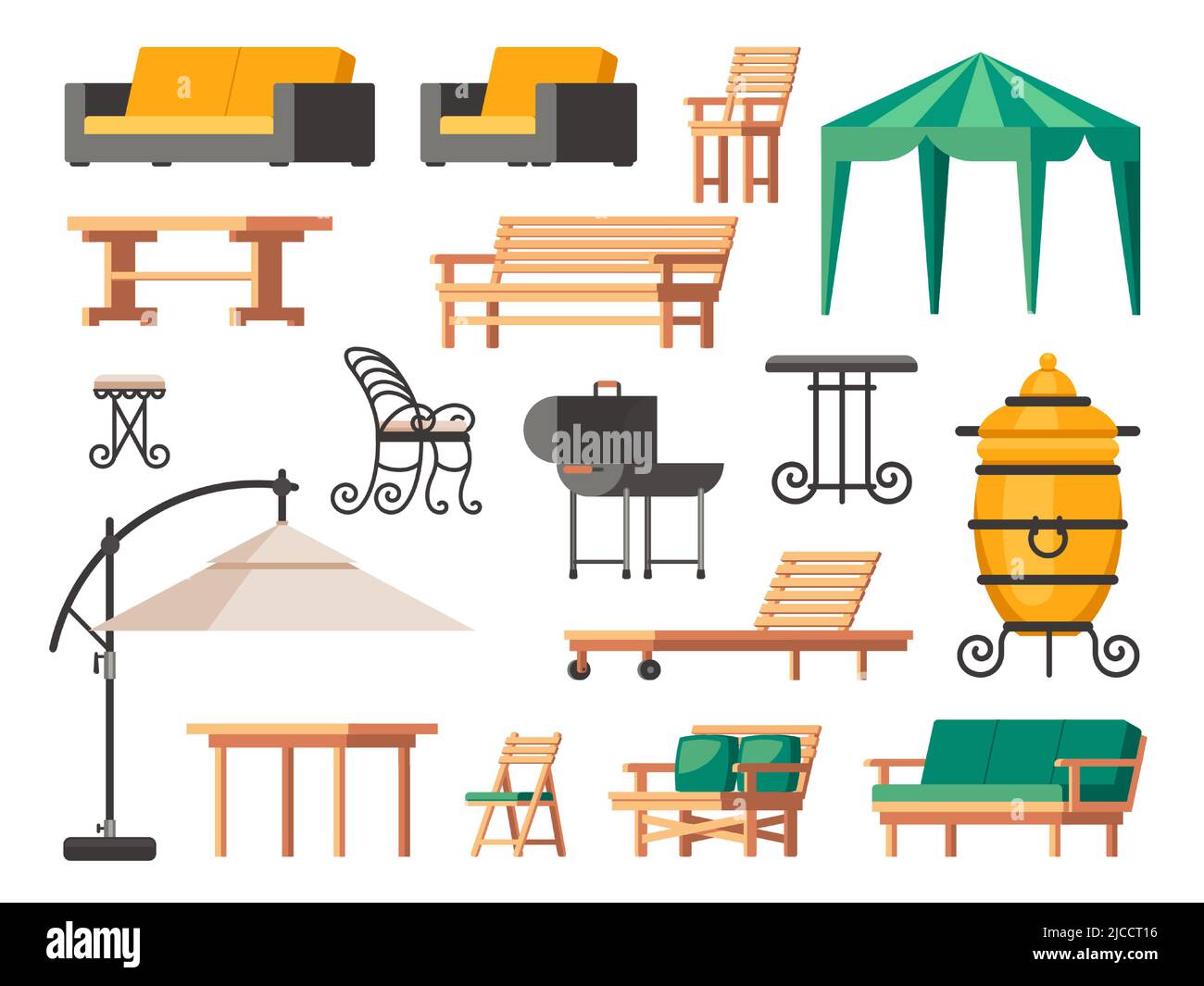 Patio furniture. Summer terrace chair table sofa umbrella, garden and veranda lounge icons with backyard barbecue grill. Vector isolated set Stock Vector