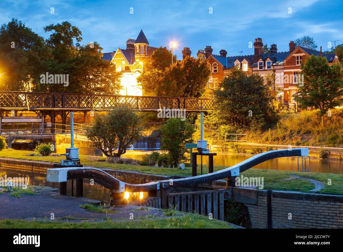 Night falls at the locks on river Cam in Cambridge, England. Stock Photo