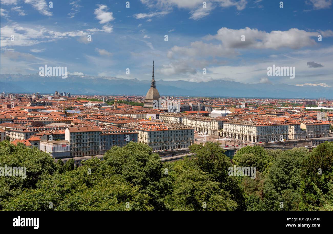 Turin, Piedmont, Italy - cityscape seen from above with piazza Vittorio and the Mole Antonelliana architecture symbol of the city of Turin, in the bac Stock Photo