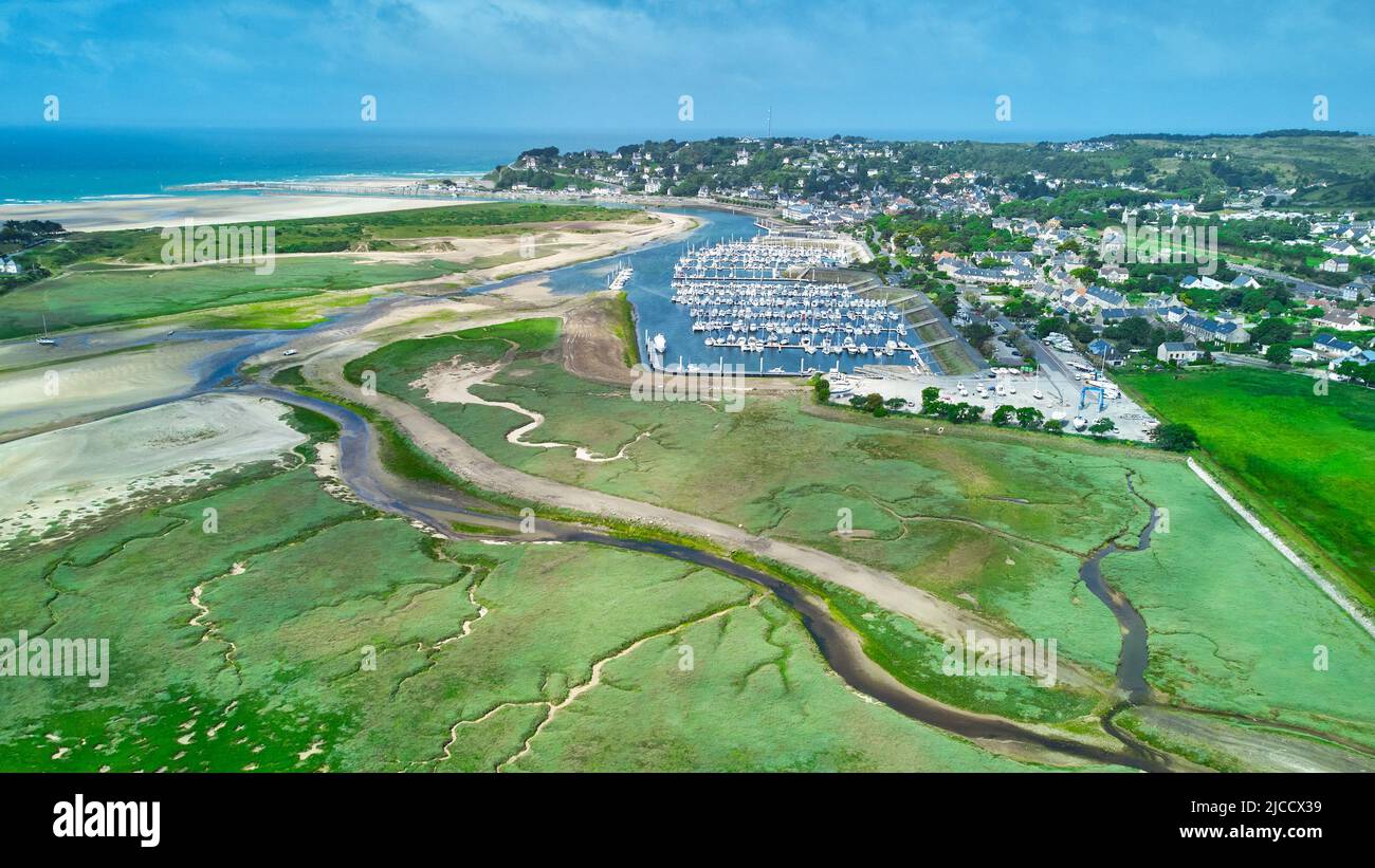 Aerial image of Carteret Village, marina, estuary, sea and beach Stock Photo