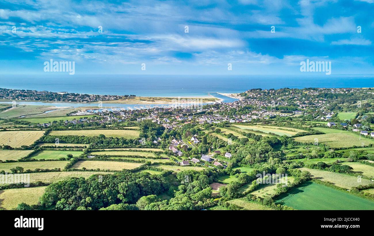 Aerial image of Carteret Village, marina, estuary, sea and beach Stock Photo