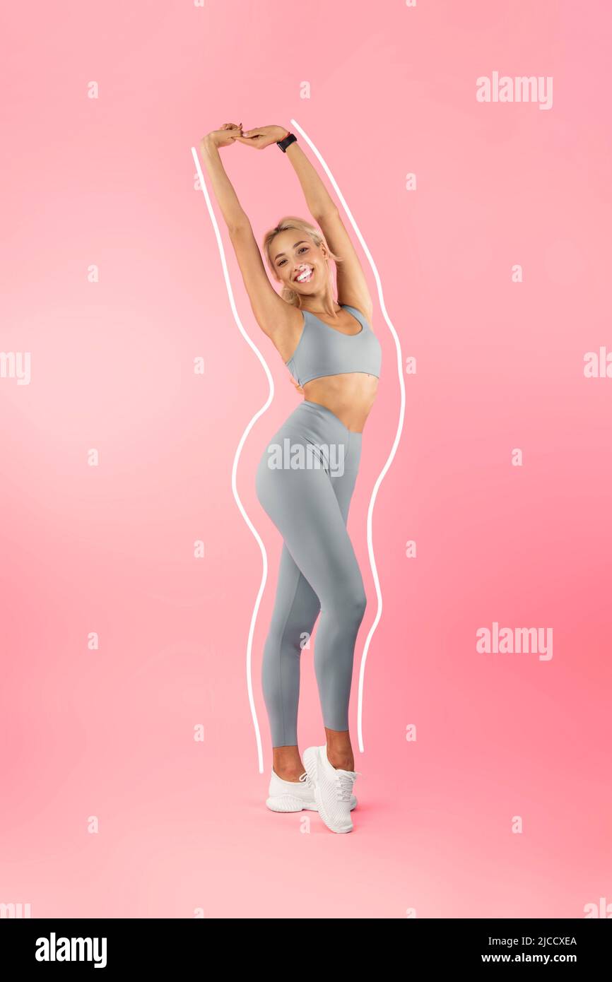 Lovely young blonde woman stretching up, demonstrating slim body, collage with silhouette showing weight loss result Stock Photo
