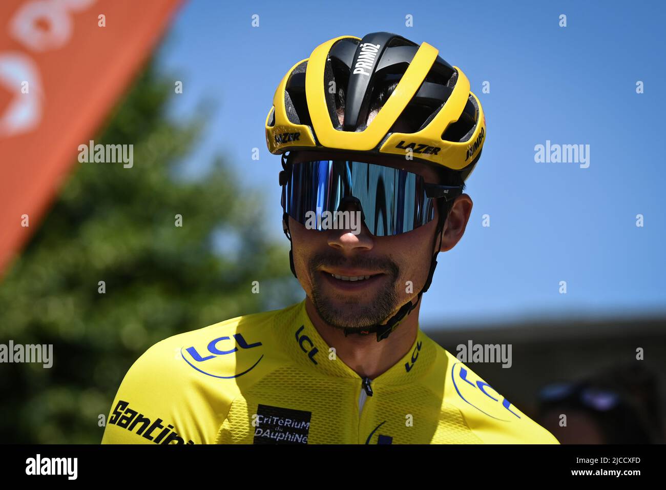 Slovenian Primoz Roglic of Jumbo-Visma wearing the yellow jersey at the start of the final stage of the Criterium du Dauphine cycling race, 139km from Saint-Alban-Leysse to Plateau de Solaison, France, Sunday 12 June 2022. BELGA PHOTO DAVID STOCKMAN Stock Photo