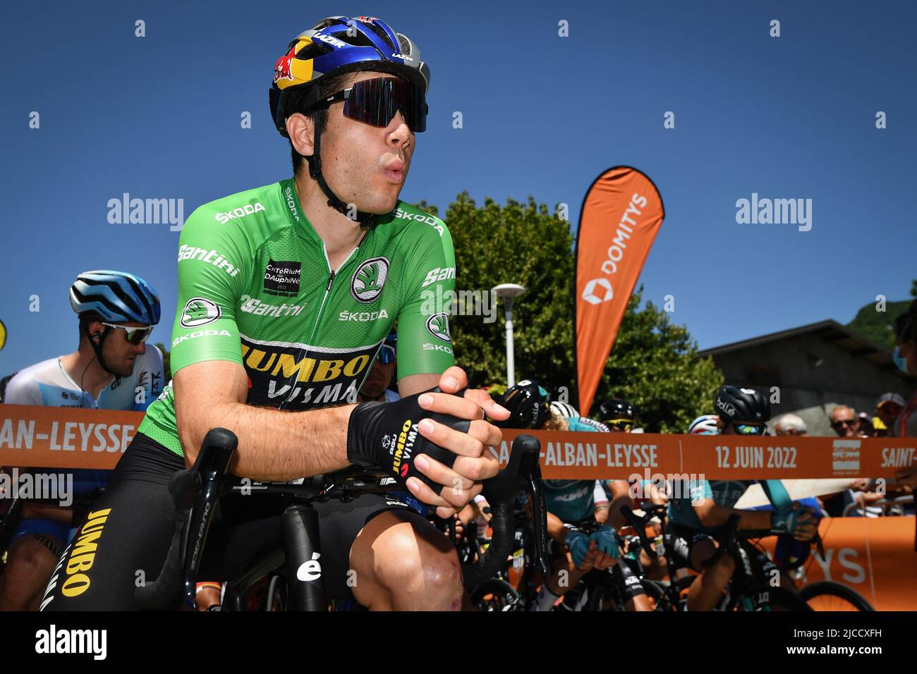Belgian Wout Van Aert of Team Jumbo-Visma wearing the green jersey pictured at the start of the final stage of the Criterium du Dauphine cycling race, 139km from Saint-Alban-Leysse to Plateau de Solaison, France, Sunday 12 June 2022. BELGA PHOTO DAVID STOCKMAN Stock Photo