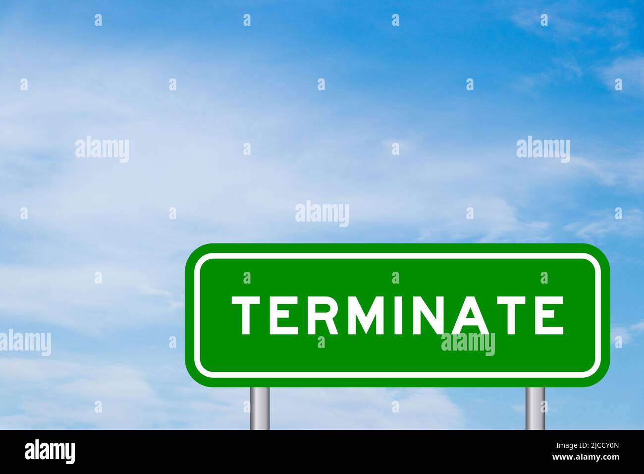 Green color transportation sign with word terminate on blue sky with ...